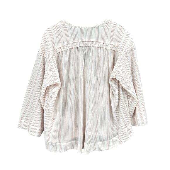Vince Variegated Stripe Crinkle Breathable Cotton Tassel V-neck Wide Sleeve Top - Picture 9 of 13
